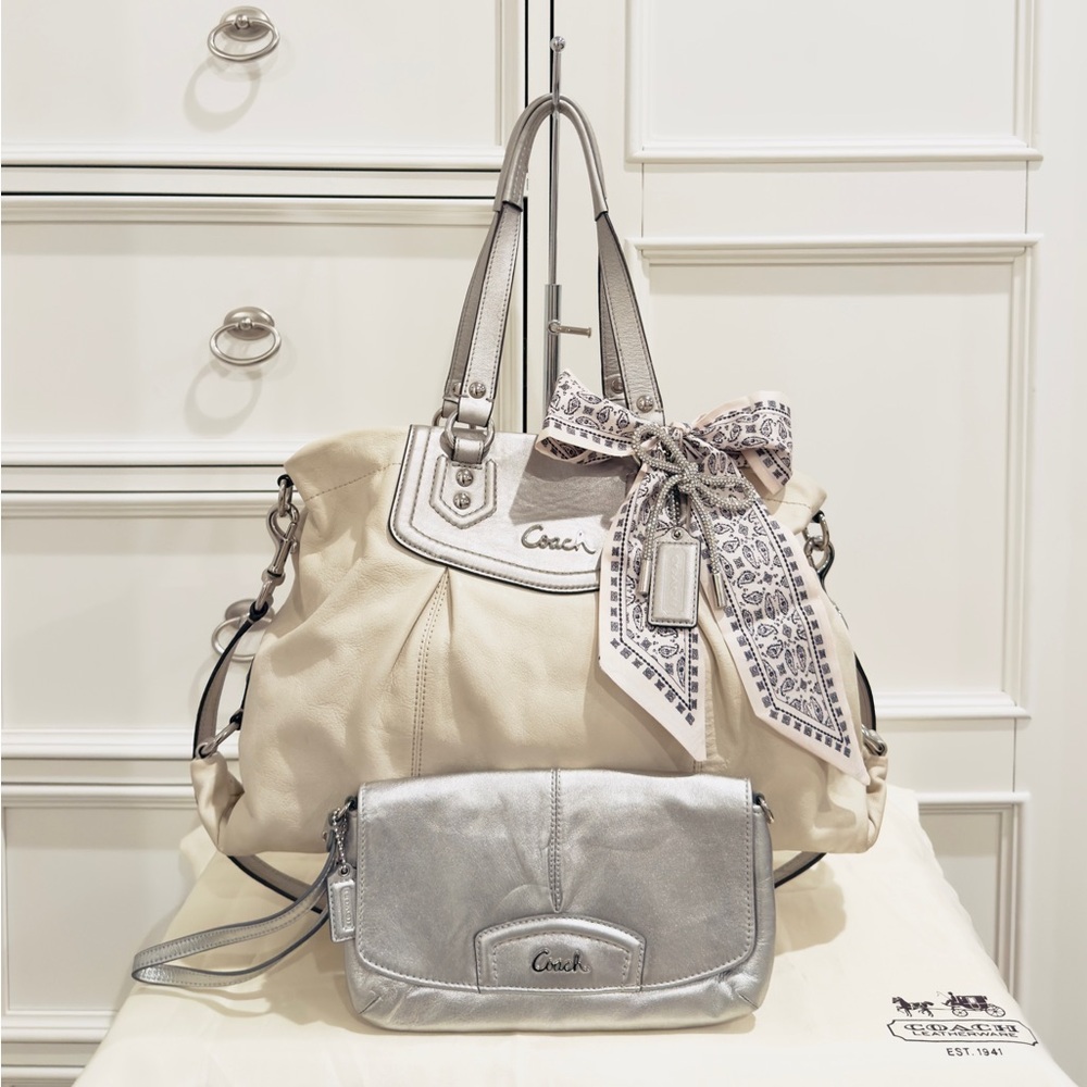 ✨🩶 SOLD - Coach Ashley Cream & Metallic Silver Shoulder Bag & Wristlet Set